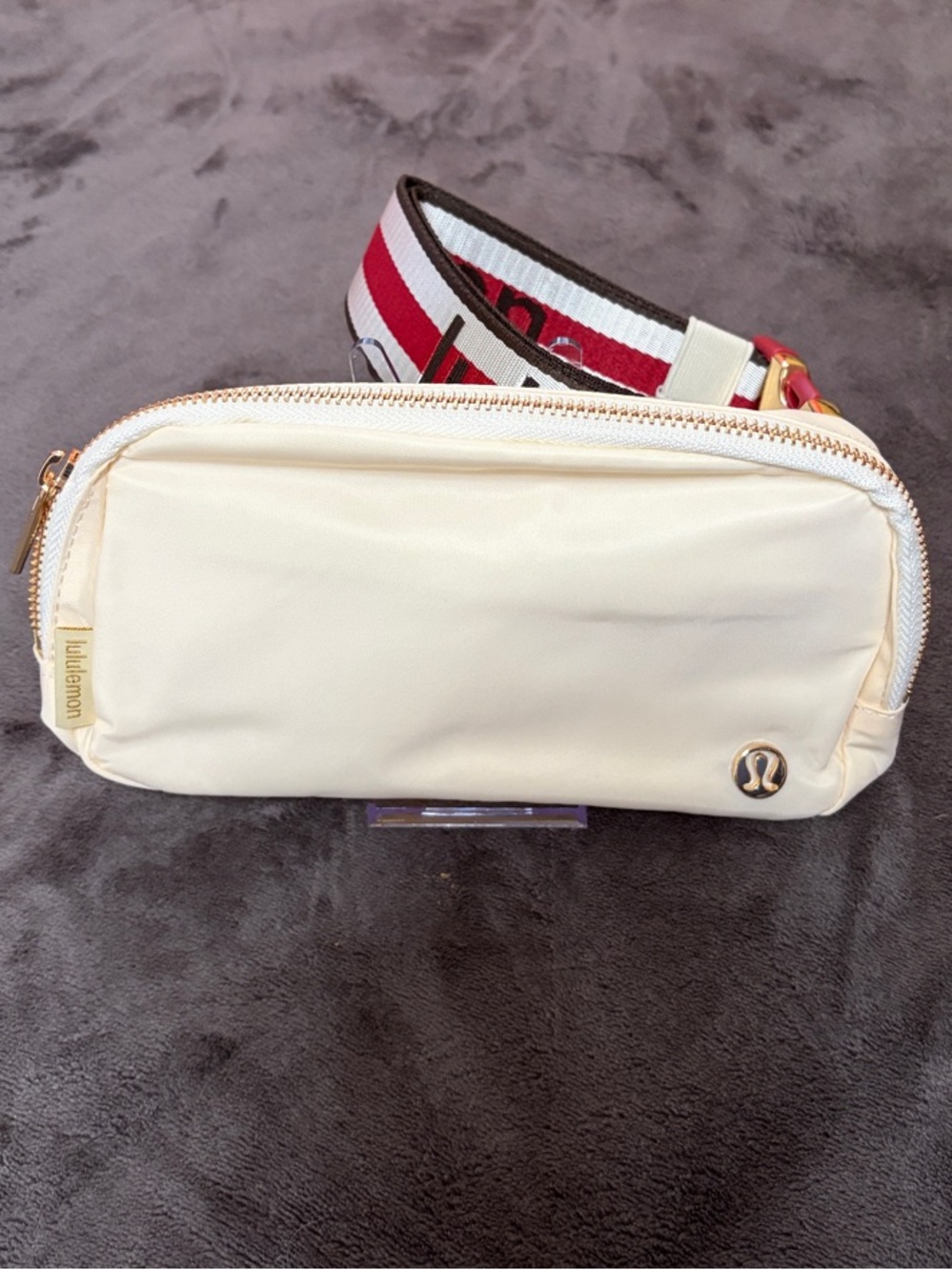 lululemon athletica Cream Crossbody Belt Bag with Red-Striped Strap